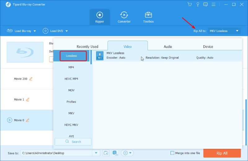 Choose Lossless MKV as the Output Format