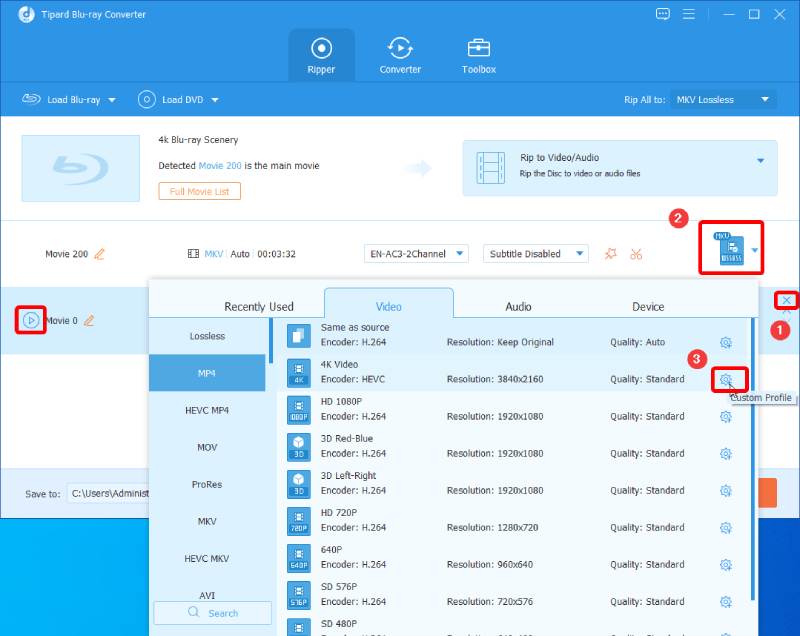 Choose Output Format for the Main Video in Blu-ray