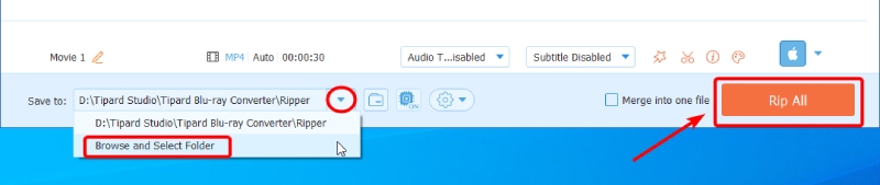 Browse for Destination and Rip Blu-ray for iTunes