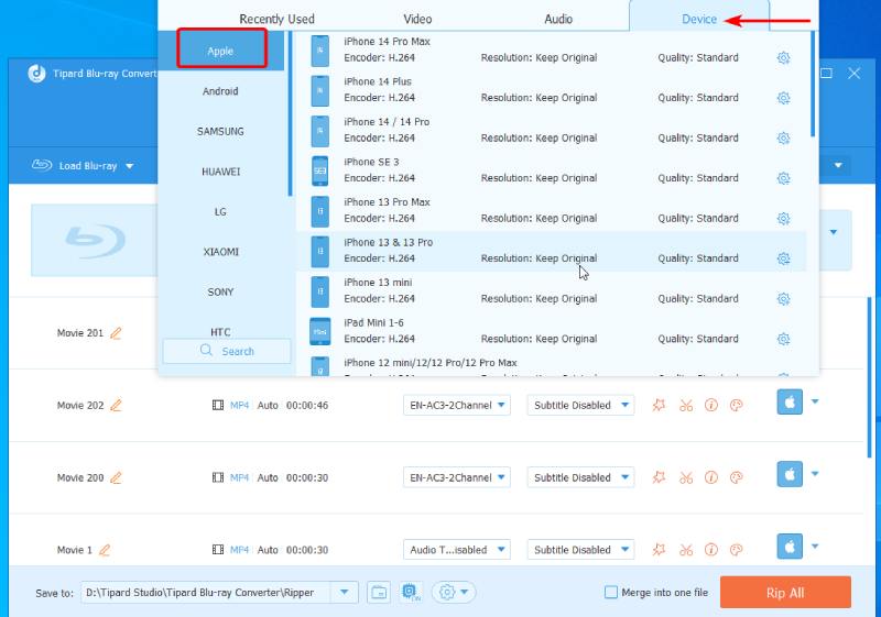 Choose an Output Format from Apple Device Presets