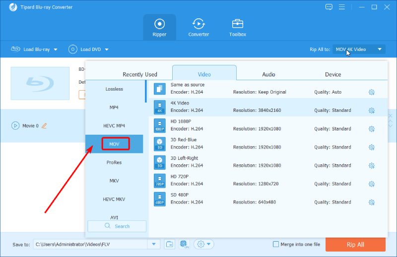 Choose MOV in the Output