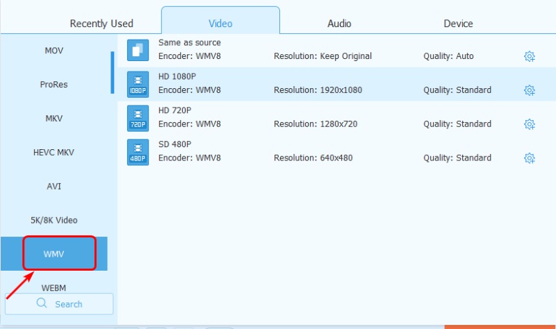 Select WMV from Output Format