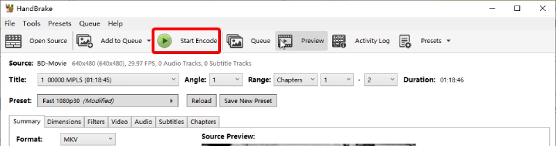 Start Encode and Rip Blu-ray to MKV Handbrake
