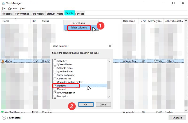 Select platform Column in Task Manager