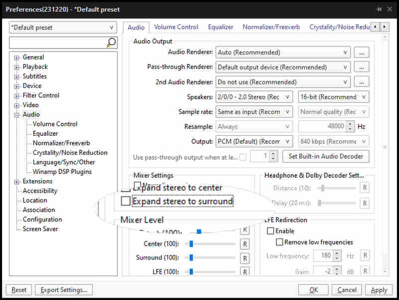 Uncheck Expand Stereo to Surround